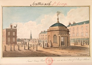 'Great Dover Road Turnpike and distant view of St George's Church', Southwark, London, 1825. Artist: G Yates
