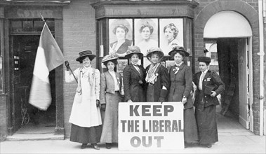 Suffragettes determined to 'Keep the Liberal Out', 1909. Artist: Unknown
