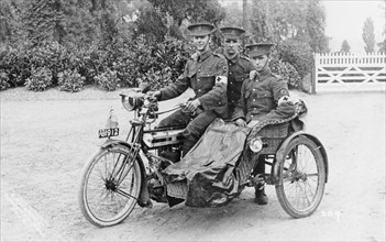 Three soldiers on a bicycle and sidecar, (WWI?). Artist: Unknown