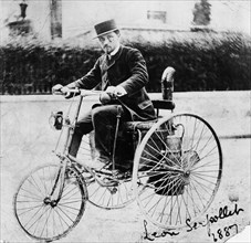 Leon Serpollet on his first steam tricycle, 1887. Artist: Unknown