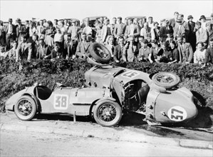 Two crashed cars from the Singer Nine team, possibly at a TTrace, 1935. Artist: Unknown