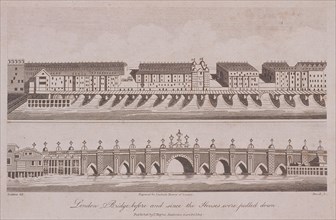 Two Views of London Bridge (old), London, 1805. Artist: A Birrell