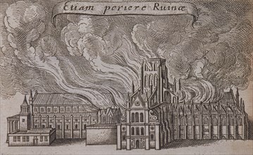 St Paul's Cathedral (old), London, on fire, 1666. Artist: Wenceslaus Hollar