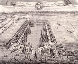 Aerial view of Howland Great Dock, Rotherhithe, Bermondsey, London, c1717. Artist: Johannes Kip
