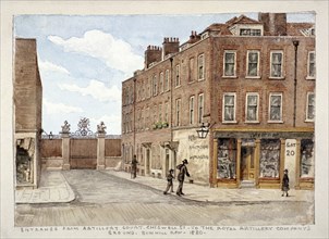 Chiswell Street with entrance to the Royal Artillery Company's ground, Finsbury, London, 1880. Artist: Unknown