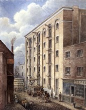 Hay's Wharf with carts being loaded up outside, Bermondsey, London, 1834. Artist: Unknown