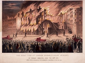 Firemen fighting the blaze at the Cotton's Wharf Fire, Bermondsey, London, 1861. Artist: Anon
