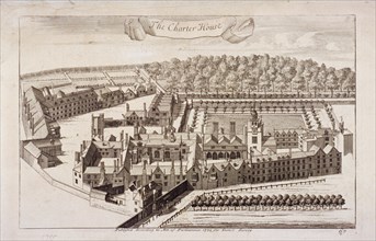 Aerial view of Charterhouse, Finsbury, London, 1755. Artist: Anon