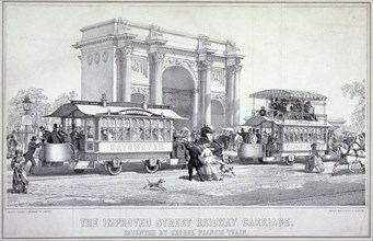 Marble Arch and street trams, London, 1860. Artist: Macdonald