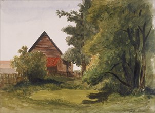 View of Hampstead with a barn on the left, Hampstead, Camden, London, 1842. Artist: Edmund Marks