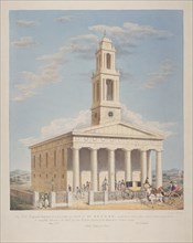 North west view of St George, Camberwell with figures in the front. Camberwell, London, 1827. Artist: Charles Joseph Hullmandel