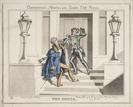View of two drunken revellers on the steps of Crockford's Club, London, 1829. Artist: John Phillips