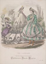 Two women and a child with a butterfly net model the latest fashions, 1864. Artist: Anon