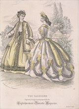 Two women model the latest fashions, 1863. Artist: Anon