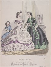 Two women and a child wearing the latest fashions, 1864. Artist: Anon