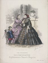 Two women and a child with a dog wearing the latest fashions, 1860. Artist: Anon