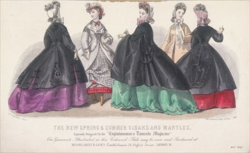 Five women wearing spring and summer coats and mantles, 1864. Artist: Anon