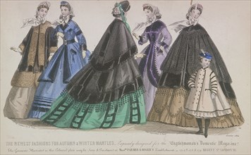 Five women and a child wearing the latest autumn and winter fashions, 1864. Artist: Anon