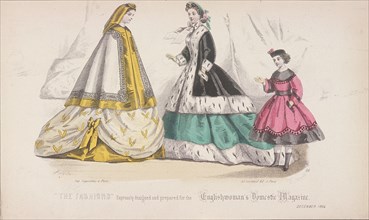 Two women and a child wearing the latest fashions, 1864. Artist: Anon