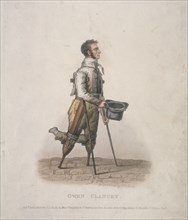 Owen Clancy, begging with his hat in hand, on crutches and with devices strapped to his legs, 1820. Artist: Thomas Lord Busby