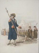 Parish Beadle in civic costume holding a staff, 1805. Artist: William Henry Pyne