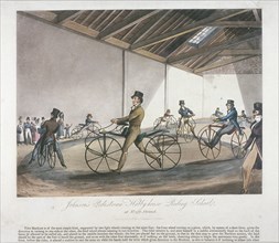 'Johnson's Pedestrian Hobbyhorse Riding School', the Strand, Westminster, London, 1819. Artist: Anon