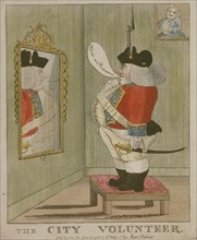 View of a portly City volunteer admiring himself in the mirror, 1785. Artist: Anon