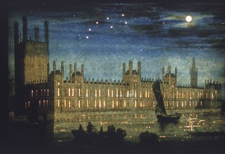 View of the River Thames and Palace of Westminster at night, c1851. Artist: Anon