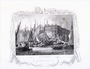 View of Billingsgate wharf with Three Tuns Public House, figures and boats, London, 1834. Artist: James Carter