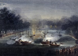 View of a sham fight on the Serpentine, Hyde Park, London, 1814. Artist: Charles Calvert