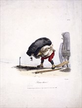 View of a coalman removing a heavy sack of coal from his cart, 1828. Artist: Engelmann, Graf, Coindet and Company