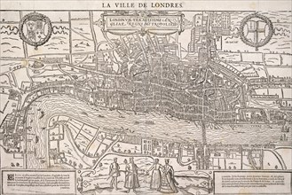Map of the City of London and City of Westminster with four figures in the foreground, (c1572?). Artist: Anon