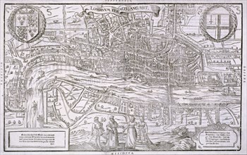 Map of the City of London and City of Westminster with four figures in the foreground, (c1572?). Artist: Anon