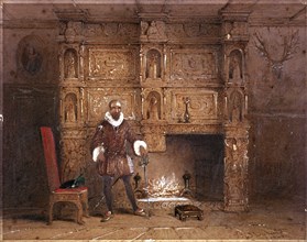 Possibly Sir John Spencer in Canonbury House; or Sir Walter Raleigh in the Old Pied Bull Inn, Islington, London, 1849. 19th century representation of an Elizabethan scene. The Pied Bull is the site wh...