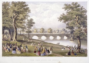 View from the bridge on the Serpentine towards Crystal Palace, London, 1851. Artist: Day & Son