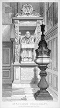Monument to John Stow and font in St Andrew Undershaft, 1837. Artist: John Le Keux