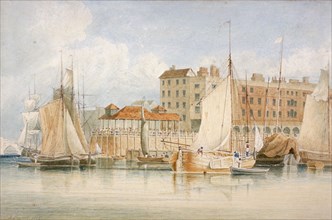 View of Billingsgate Wharf and market with vessels and people, City of London, 1824. Artist: James Lambert