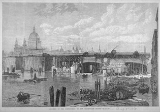 Construction work being carried out on Blackfriars Bridge, London, 1868. Artist: Anon