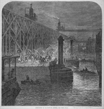Demolition work being carried out on Blackfriars Bridge from the Surrey shore, London, 1864. Artist: Anon