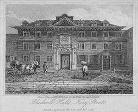 View of Blackwell Hall on King Street with carriage and figures, City of London, 1817. Artist: Thomas Higham