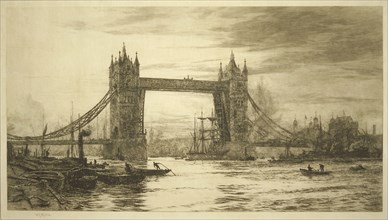 Tower Bridge viewed from the River Thames, London, c1894-1931. Artist: William Lionel Wyllie