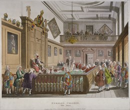 Interior view of the College of Arms' Hall with figures engaged in discussion, City of London, 1808.