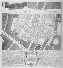 Plan of buildings destroyed in Cornhill by fire which began in Exchange Alley March 25th, 1748. Artist: Anon