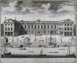 The Custom House from the River Thames, as it was in 1714, 1715. Artist: John Harris