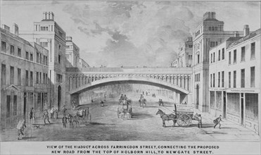 View of the proposed Holborn Viaduct across Farringdon Street, City of London, 1865. Artist: Anon