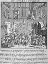 Drawing of the state lottery in the Guildhall, City of London, 1739. Artist: Anon