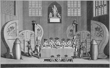 Drawing of the state lottery in the Guildhall, City of London, 1773. Artist: Anon