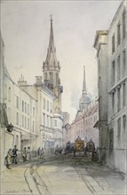 View along Lombard Street, looking east, with figures and carriages, City of London, 1851. Artist: Thomas Colman Dibdin