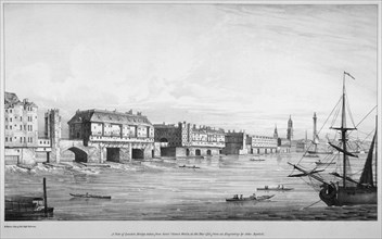 View of London Bridge looking north from St Olave's Stairs in 1751, (1830). Artist: R Martin