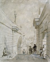 London Bridge looking north from the upper landing of steps near Tooley Street, 1833. Artist: Edward William Cooke